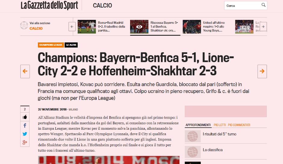 Gazzetta dello Sport (Italien): "Rückeroberung des FC Bayern! Bayern zeigen sich gnadenlos, Kovac kann wieder lächeln."