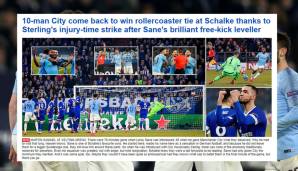 Daily Mail (England): "Zehn-Mann City kommt dank Sterlings Tor in der Nachspielzeit und Sanes brillantem Freistoß zurück, um Achterbahn-Duell mit Schalke zu gewinnen"