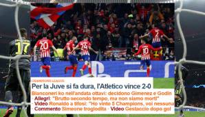La Repubblica (Italien): "Jetzt wird es hart für Juve: Atletico gewinnt mit 2:0! Die Bianconeri sind k.o. im Achtelfinale, Gimenez und Godin die Entscheider."