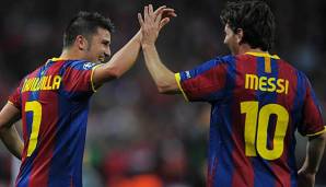Die Final-Torschützen David Villa (li.) und Lionel Messi (re.) beim Jubel im Londoner Wembley.