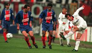 PARIS SAINT-GERMAIN in der Saison 1994/95: Zwei Vorrundensiege gegen den FC Bayern und ein knapper Erfolg gegen Barcelona brachten PSG ins Halbfinale. Dort bedeutete ein Doppelpack von Dejan Savicevic im Rückspiel das Aus gegen Milan.