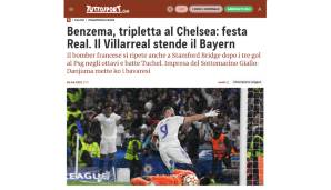 Italien - Tuttosport: "Copy and Paste. Benzemas Hattrick wiederholt sich an der Stamford Bridge gegen Chelsea und beschert Real Madrid eine weitere Traumnacht in der Champions League. Ancelotti schlägt Tuchel dank seines Bombers."