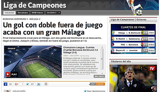 Die spanische Zeitung "AS" kann es noch nicht glauben: "Ein Tor mit zweimaligem Abseits beendet ein großartiges Malaga"