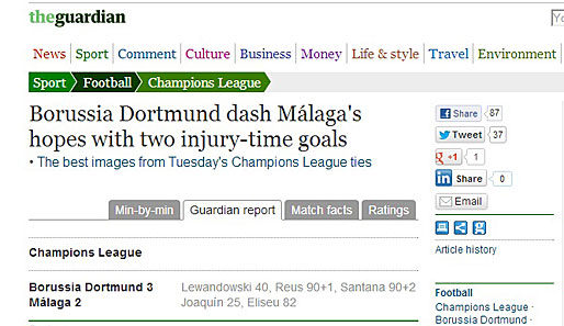 Der "Guardian" formuliert es so: "Borussia Dortmund zerschmettert Malagas Hoffnungen mit zwei Toren in der Nachspielzeit"