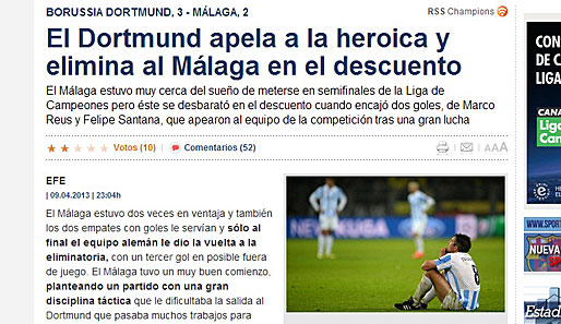 Die spanische Zeitung "Sport" findet nach Malagas Aus deutliche Worte: "Dortmund appelliert an die Heldenhaftigkeit und eliminiert Malaga in der Nachspielzeit"