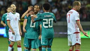 Ein hartes Stück Arbeit im Hinspiel: Joshua Kimmich, Serge Gnabry und der aktuell verletzte Leroy Sane bejubelten gegen Weißrussland einen 2:0-Sieg.