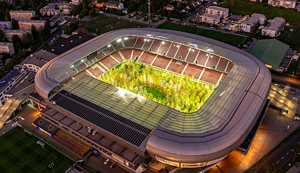 Wald im Stadion: Ein Kunstprojekt verhindert Europa-League-Spiele des Wolfsberger AC im Wörthersee-Stadion.