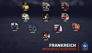 So sieht die beste französische FIFA-Elf aller Zeiten aus. Für Kylian Mbappe (89), Franck Ribery (90) Karim Benzema (87) oder Antoine Griezmann (89) bleibt nur die Ersatzbank.