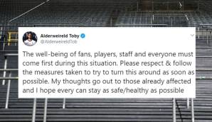 Toby Alderweireld: Der Spurs-Verteidiger bittet in der aktuelle Situation um Nachsehen. "Meine Gedanken richten sich an die bereits Betroffenen und ich hoffe, dass jeder so sicher / gesund wie möglich bleiben kann", tweetete der Belgier.