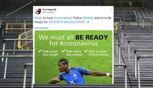 Paul Pogba: Der Weltmeister von 2018 nutzt seine bekannte Torjubel-Tanzbewegung, um auf das richtige Handeln im Falle des Coronavirus' hinzuweißen.
