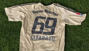 Bixente Lizarazu (Verteidiger) beim FC Bayern München 2005 in Anlehnung an sein Geburtsjahr, seine Größe (169 cm) und sein damaliges Gewicht (69 kg) – Trikotnummer: 69