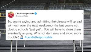 Cesc Fabregas: Der Mittelfelspieler reagiert mit seinem Tweet auf Englands Premierminister Boris Johnson und regt sich darüber auf, dass die Schulen in England vorerst noch nicht geschlossen werden.