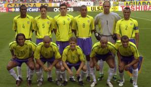 BRASILIEN | WM 2002 | Roque Junior, Edmilson, Lucio, Gilberto Silva, Marcos, Cafu, Ronaldinho, Ronaldo, Juninho Paulista, Roberto Carlos und Rivaldo.