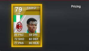 Taye Taiwo (AC Mailand) in FIFA 12: Geschwindigkeit 88 | Kopfball 86 | Verteidigung 82