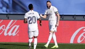 Platz 2: Karim Benzema (33 Spiele / 30 Tore / 12 Vorlagen) und Vinicius Junior (37 Spiele / 16 Tore / 13 Vorlagen) | Real Madrid | 71 Scorerpunkte