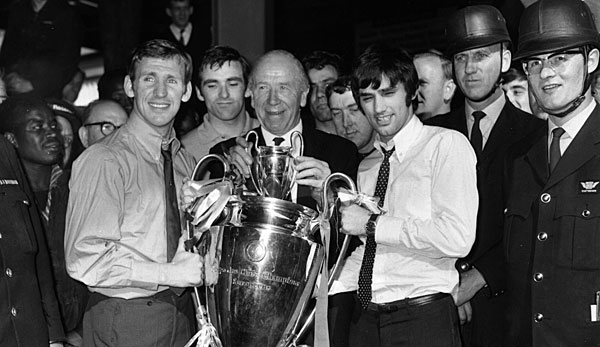 Matt Busby presented the European Cup (with Pat Crerand (left) and George Best).