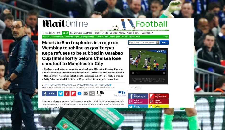 DailyMail (England): "Diese bizarren Minuten machten Sarri rasend. Der Trainer sah für kurze Zeit so aus, als ob er das Wembley kurzerhand verlassen würde"