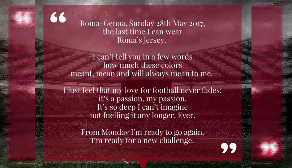 Via Twitter machte Totti offiziell, was vorher bereits alle vermuteten: Gegen Genua wird er das letzte Mal für die Roma auflaufen