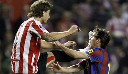 Lionel Messi musste in Bilbao einiges einstecken. Hier das hohe Bein von Fernando Amorebieta