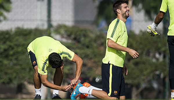 Gerard Pique und Luis Suarez haben im Training viel Spaß