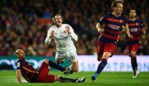 April 2016: Nur Kleinkram im Frühjahr. Oberschenkelprobleme bedeuten ein Spiel Pause für Bale. Die Mascherano-Sense im Clasico übersteht er unbeschadet