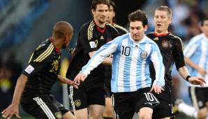 Messi hat 756 Minuten in WM-K.o.-Spielen absolviert und dabei KEIN Tor erzielt. Foto: Messi gegen Deutschland im Viertelfinale 2010. Argentinien verlor 0:4.