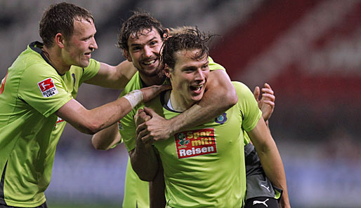 Marc Hensel (r.) erzielte im Hinspiel den entscheidenden Treffer zum 1:0 für Erzgebirge Aue