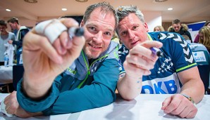 Flensburg-Keeper Mattias Andersson (l.) und Löwen-Coach Nikolaj Jacobsen erwarten heiße Duelle