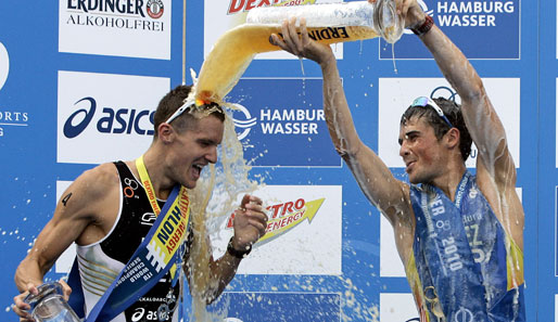 Ob Jan Frodeno (l.) bei den Olympischen Spielen 2012 auch wieder so feiern darf?