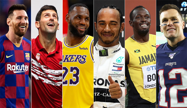 Kandidaten für den Sportler des Jahrzehnts (v.l.): Lionel Messi, Novak Djokovic, LeBron James, Lewis Hamilton, Usain Bolt, Tom Brady.