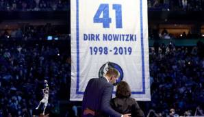 Dirk Nowitzkis Nummer 41, die er bei den Mavericks trug, wurde im Jahr 2019 in der Arena in Dallas aufgehängt.