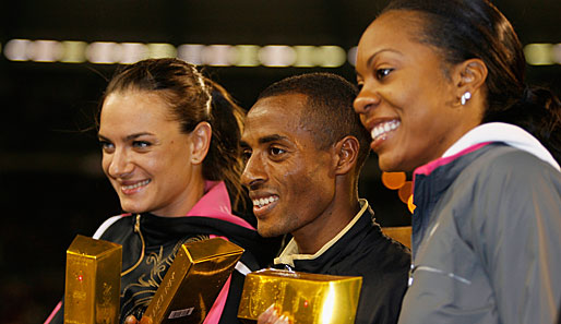Jelena Issinbajewa, Kenenisa Bekele und Sanya Richards (v.l.n.r.) teilten sich den Jackpot