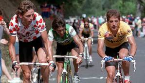PEDRO DELGADO (r.) gewann 1988 die bekannteste Rundfahrt der Welt. Dem Spanier wurde Probenecid nachgewiesen, ein Mittel, das sich zur Anabolika-Doping-Verschleierung eignet. Sanktioniert wurde er nicht, das Mittel stand noch nicht auf der Dopingliste.