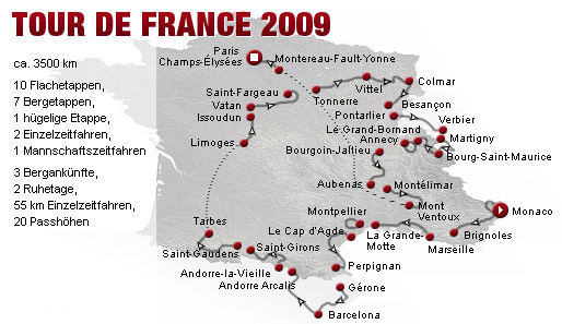 3459,5 Kilometer verteilt auf 21 Abschnitte. Das ist die Etappenübersicht der Tour de France 2009