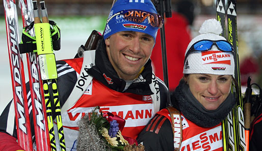Michael Greis und Andrea Henkel (v.l.) werden beim Biathlon-Jubiläum auf Schalke dabei sein