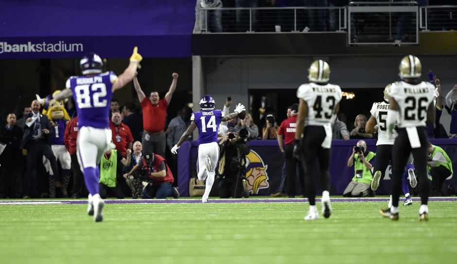 14.1. 2018: Stefon Diggs rennt bei runtertickender Uhr in die Endzone der New Orleans Saints. Seine Minnesota Vikings gewinnen ein schon verlorenes Spiel und träumen vom "Super Bowl dahoam". Hier gibt's weitere verrückte Playoff-Schlachten ...