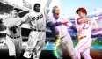 Drei Baseball-Legenden (Babe Ruth, Jackie Robinson und Alex Rodriguez) und Mike Trout (r.)