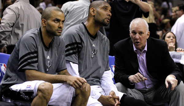 Gregg Popovich, Tim Duncan und Tony Parker (v.r.n.l.) gewannen mit den Spurs 2014 den Titel