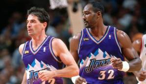 Platz 2: Utah Jazz - 27. November 1994 bis 26. Januar 1995 - 15 Auswärtssiege am Stück (Bild: John Stockton und Karl Malone).