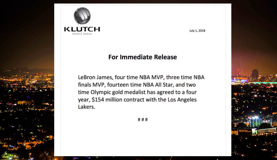 Da hatte es die Basketball-Welt dann schwarz auf weiß: LeBron James ... blablabla ... hat sich mit den Lakers auf einen Vierjahresvertrag im Wert von 154 Millionen Dollar geeinigt. Word!