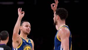 Platz 21: Golden State Warriors - 29. Dezember 2018 bis 8. Februar 2019 - 11 Auswärtssiege am Stück (Bild: Stephen Curry und Klay Thompson).