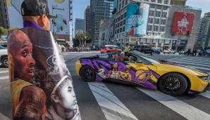 Eine Stadt trauert um einen ihrer Helden und zeigt das sehr deutlich. Sogar wertvolle Luxusautos werden dem Anlass gebührend umgestaltet - in Lakers-Farben und mit dem Konterfei von Gianna und Kobe.