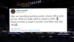 LeBRON JAMES (Los Angeles Lakers): "Wir sagen Sportveranstaltungen, Schule, Büro-Arbeit und und und ab. Was wir machen müssen, ist 2020 absagen. Es waren harte 3 Monate. Bleibt in Sicherheit und seid gesegnet."