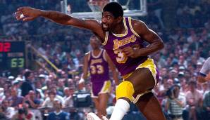 Platz 3: Magic Johnson (1979/Los Angeles Lakers) – 19,5 Punkte, 11,2 Assists über 906 NBA-Spiele – Erfolge: 3x MVP, 5x Meister, 3x Finals-MVP, 12x All-Star, 10x All-NBA, 4x Assist Leader, 2x Steals Leader