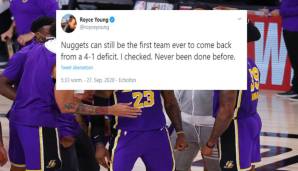 Royce Young (NBA-Redakteur bei ESPN): "Die Nuggets können immer noch das erste Team sein, dass von einem 4-1-Rückstand zurückkommt. Ich habe nachgeschaut. Das hat noch kein Team geschafft."