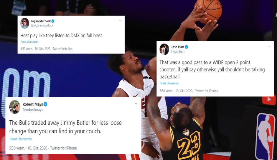 Mit einem weiteren 30-Punkte-Triple-Double hat Jimmy Butler die Heat zum Sieg in Spiel 5 der NBA Finals geführt. Auch weil Danny Green einen offenen Wurf in den Schlusssekunden vergab. Wir zeigen die Reaktionen aus dem Netz.
