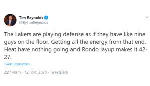 Tim Reynolds (Associated Press): "Die Lakers spielen Defense als hätten sie neun Jungs auf dem Court. Die ganze Energie geht von der Defense aus. Für die Heat läuft nichts und ein Rondo-Layup stellt auf 42:27."