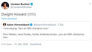 Adam Himmelsbach (Boston Globe) und Candace Buckner (Washington Post): "Ich liebe das Spiel 'Er ist jetzt NBA Champion'. Dion Waiters, Jared Dudley, Kostas Antetokounmpo ... ihr seid jetzt NBA Champions." "Und Dwight Howard!!!"