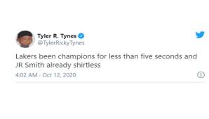 Tyler R. Tynes (The Ringer): "Die Lakers sind weniger als fünf Sekunden lang Champions und schon steht J.R. Smith ohne Shirt da."