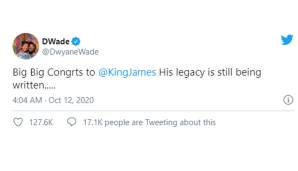 Dwyane Wade (ehemaliger Heat-Star): "Große Gratulationen an King James. Sein Vermächtnis ist immer noch in Arbeit."